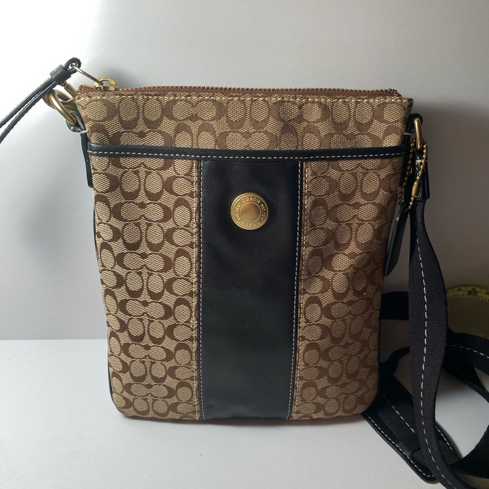 Coach Tan and Black Signature Crossbody Bag leather trim